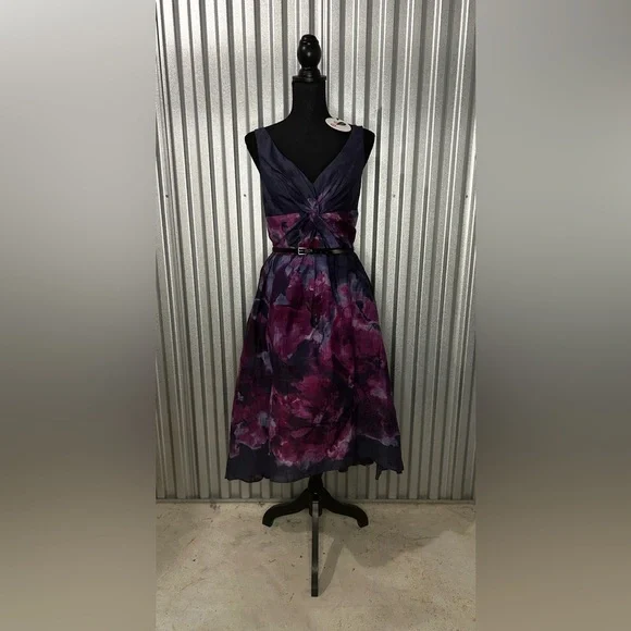 Womens Neiman Marcus Lela Rose Purple Floral Cotton Silk Sleeveless Dress Size 8 - Picture 1 of 6